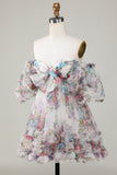 Ivoire Floral imprimé A-Line Puff Manches Short Tulle Cocktail Robe