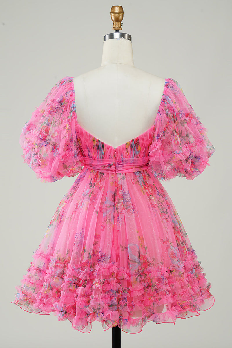 Charger l&#39;image dans la galerie, Robe de cocktail mignonne imprimée rose vif avec nœud