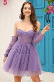 Corset violet détachable à manches longues A-Line Robe de cocktail