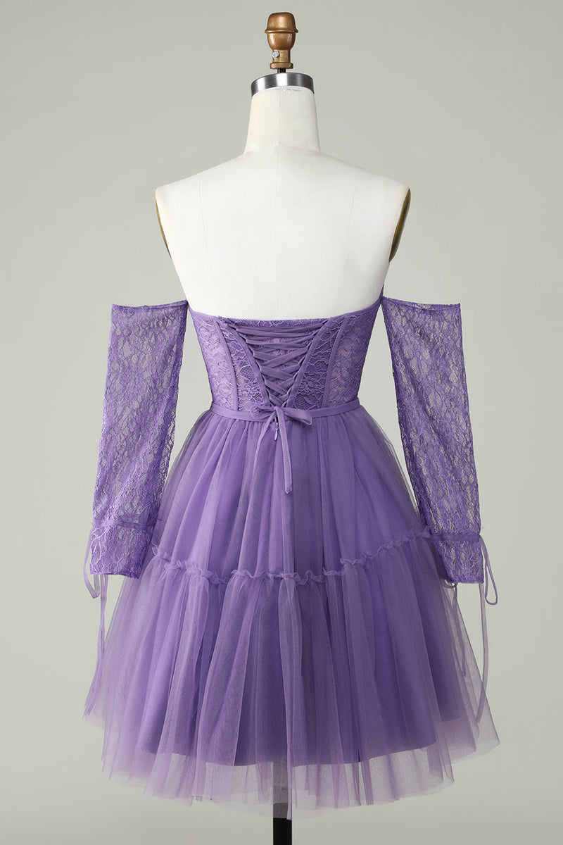 Charger l&#39;image dans la galerie, Une ligne de l’épaule Corset violet Robe Cocktail avec manches longues