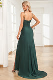 Sangles Spaghetti Sirène Robe de bal longue vert foncé avec perles