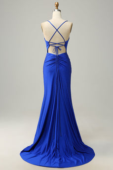 Sangles Spaghetti Sirène Robe de bal longue bleu royal avec perles