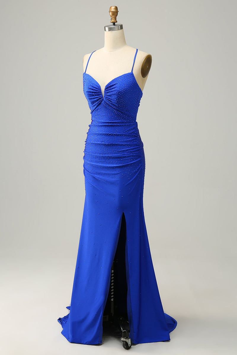 Charger l&#39;image dans la galerie, Sirène Spaghetti Straps Blush Long Prom Robe de bal avec perles