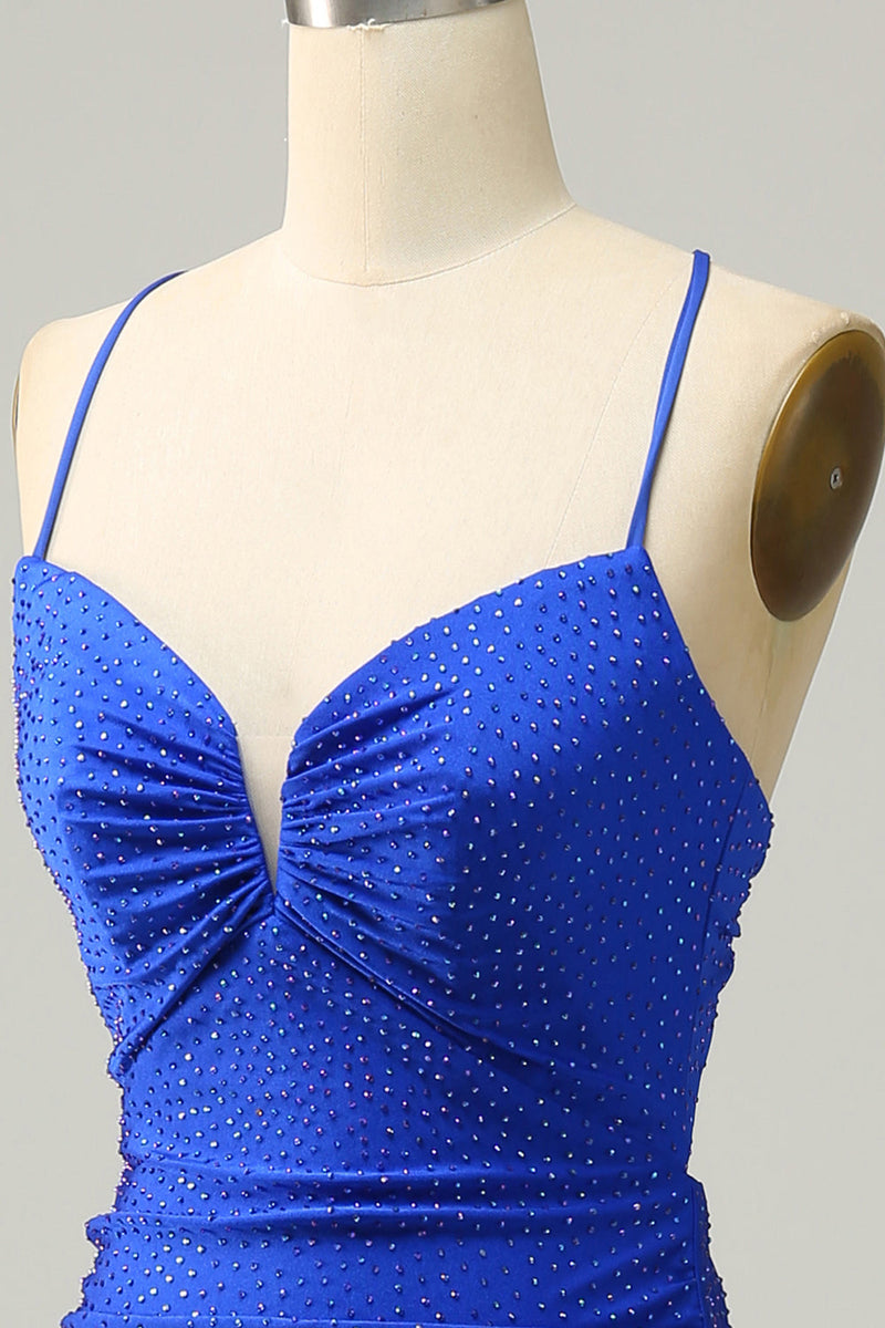 Charger l&#39;image dans la galerie, Sangles Spaghetti Sirène Robe de bal longue bleu royal avec perles