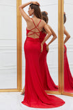 Sirène Spaghetti Strats Rouge Robe de bal longue avec Criss Cross Back