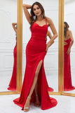 Sirène Spaghetti Strats Rouge Robe de bal longue avec Criss Cross Back