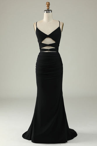 Serrène Spaghetti Straps Black Plus Size Prom Dress avec trou de serrure