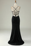 Serrène Spaghetti Straps Black Plus Size Prom Dress avec trou de serrure