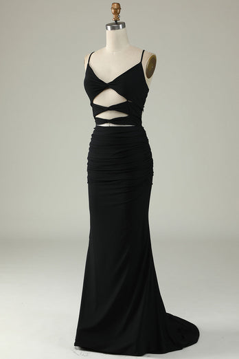 Serrène Spaghetti Straps Black Plus Size Prom Dress avec trou de serrure
