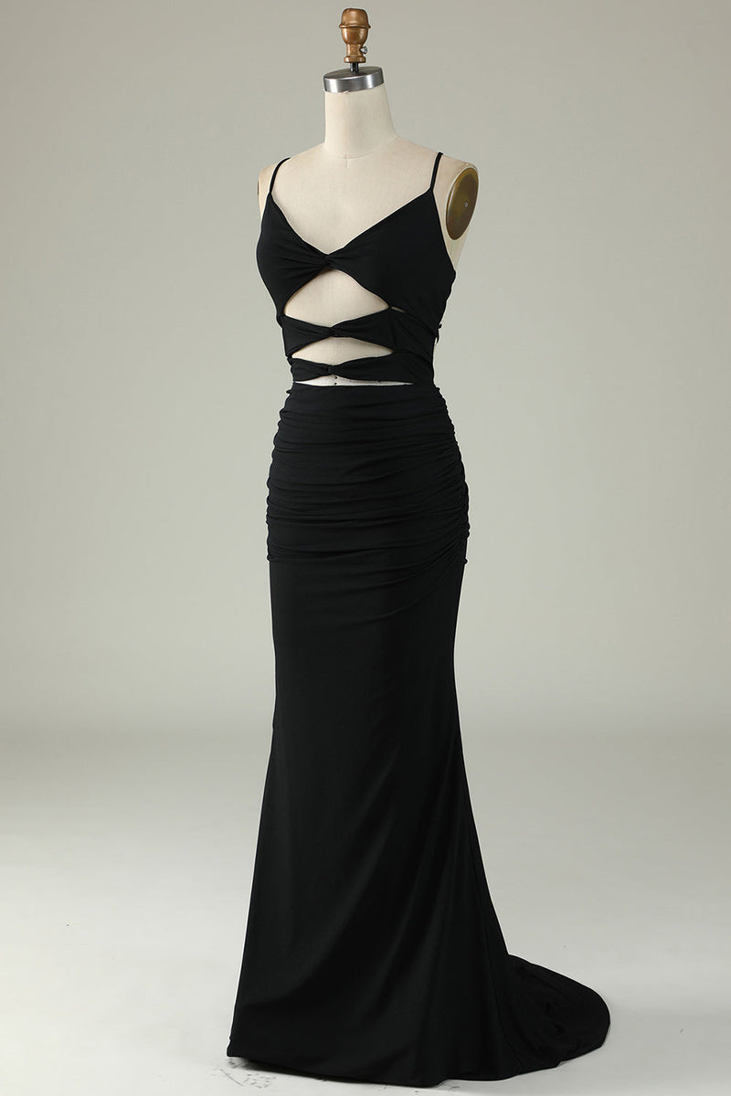 Charger l&#39;image dans la galerie, Serrène Spaghetti Straps Black Plus Size Prom Dress avec trou de serrure