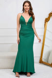 Sirène Bretelles Spaghetti Vert Foncé Plus Taille Robe de bal avec Criss Cross Back