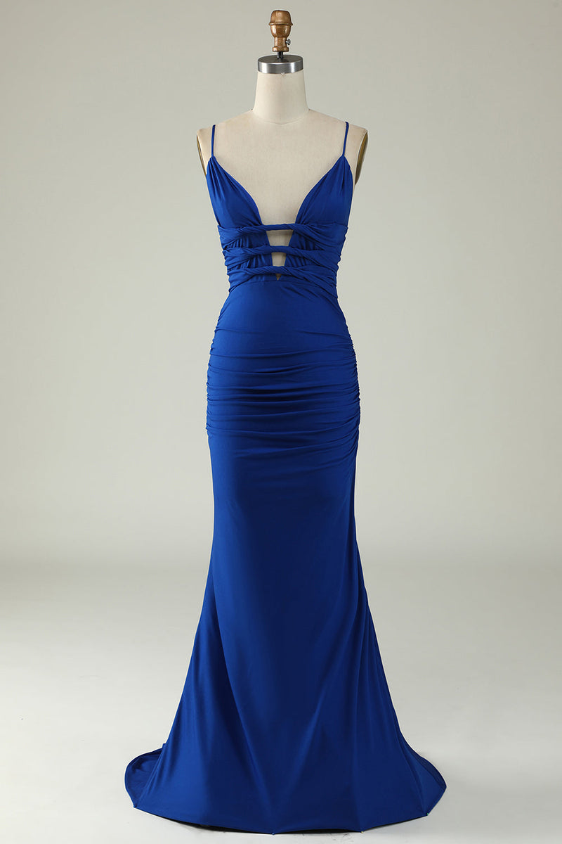 Charger l&#39;image dans la galerie, Mermaid Spaghetti Straps Royal Blue Plus Taille Robe de bal avec Criss Cross Back