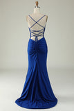 Mermaid Spaghetti Straps Royal Blue Plus Taille Robe de bal avec Criss Cross Back