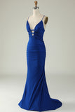 Mermaid Spaghetti Straps Royal Blue Plus Taille Robe de bal avec Criss Cross Back