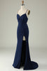 Charger l&#39;image dans la galerie, Sirène Bretelles Spaghetti Bleu Marine Robe de Soirée grande taille avec devant fendu
