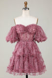 Magnifique Une ligne de l’épaule Fuchsia Tulle Robe courte Homecoming avec manches courtes