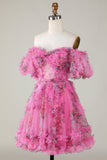 Magnifique Une ligne de l’épaule Fuchsia Tulle Robe courte Homecoming avec manches courtes