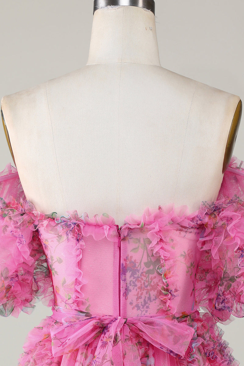 Charger l&#39;image dans la galerie, Magnifique Une ligne de l’épaule Fuchsia Tulle Robe courte Homecoming avec manches courtes