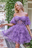 Magnifique Une ligne de l’épaule Fuchsia Tulle Robe courte Homecoming avec manches courtes