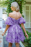 Magnifique Une ligne de l’épaule Fuchsia Tulle Robe courte Homecoming avec manches courtes