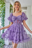 Magnifique Une ligne de l’épaule Fuchsia Tulle Robe courte Homecoming avec manches courtes
