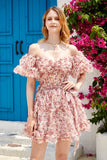 Magnifique Une ligne de l’épaule Fuchsia Tulle Robe courte Homecoming avec manches courtes