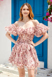 Magnifique Une ligne de l’épaule Fuchsia Tulle Robe courte Homecoming avec manches courtes