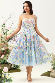 Mignon A Line Spaghetti Straps Blue Tea Length Prom Dress avec 3D Flowers