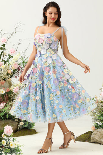 Mignon A Line Spaghetti Straps Blue Tea Length Prom Dress avec 3D Flowers