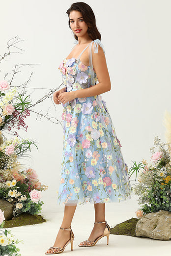 Mignon A Line Spaghetti Straps Blue Tea Length Prom Dress avec 3D Flowers