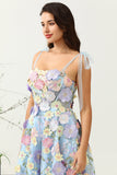 Mignon A Line Spaghetti Straps Blue Tea Length Prom Dress avec 3D Flowers