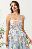 Mignon A Line Spaghetti Straps Blue Tea Length Prom Dress avec 3D Flowers