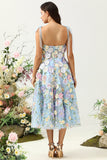 Mignon A Line Spaghetti Straps Blue Tea Length Prom Dress avec 3D Flowers