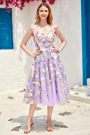 Robe de bal violette A Line Tea Length avec fleurs 3D