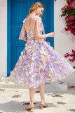 Robe de bal violette A Line Tea Length avec fleurs 3D