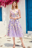 Robe de bal violette A Line Tea Length avec fleurs 3D