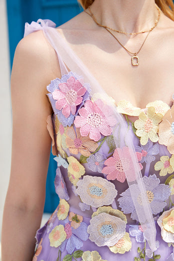 Robe de bal violette A Line Tea Length avec fleurs 3D