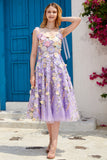 Robe de bal violette A Line Tea Length avec fleurs 3D