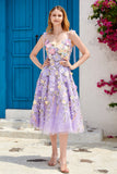 Robe de bal violette A Line Tea Length avec fleurs 3D