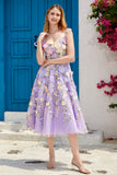 Robe de bal violette A Line Tea Length avec fleurs 3D