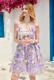 Robe de cocktail violette à corset mignon avec fleurs 3D