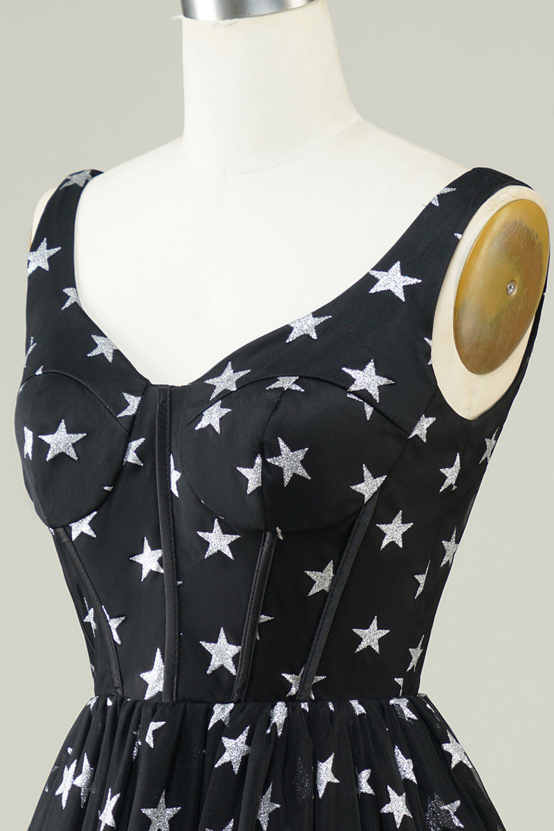 Charger l&#39;image dans la galerie, Mignon A Line V Col Tulle Noir Robe courte de retour avec des étoiles