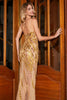 Charger l&#39;image dans la galerie, Superbe sirène bretelles spaghetti robe de soirée longue dorée avec fente devant