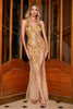 Charger l&#39;image dans la galerie, Superbe sirène bretelles spaghetti robe de soirée longue dorée avec fente devant