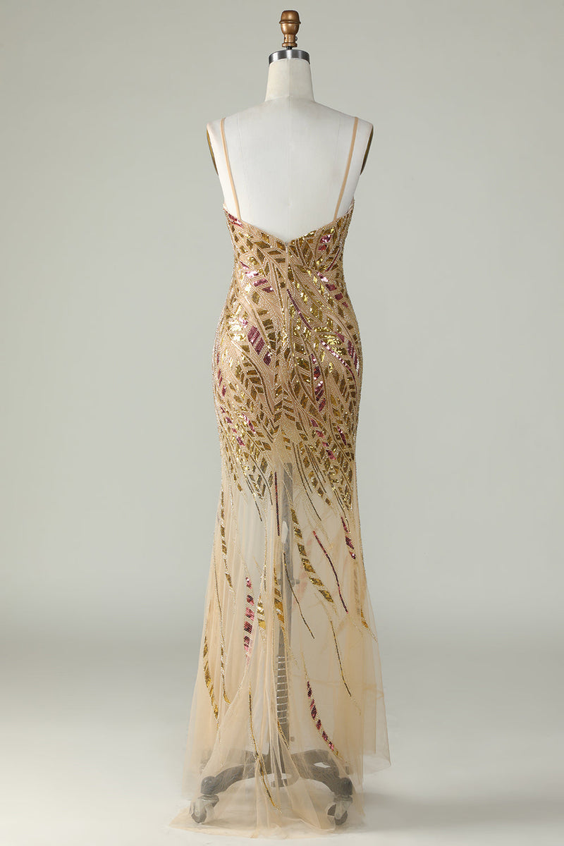 Charger l&#39;image dans la galerie, Bling sirène bretelles spaghetti paillettes dorées longue robe de bal avec fente devant