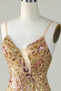 Charger l&#39;image dans la galerie, Bling sirène bretelles spaghetti paillettes dorées longue robe de bal avec fente devant