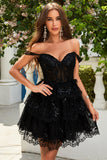 Mignon Une ligne Corset bleu foncé Robe courte à plusieurs niveaux avec dentelle