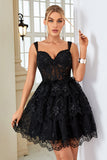 Mignon Une ligne Corset bleu foncé Robe courte à plusieurs niveaux avec dentelle