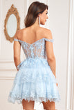 Mignon Une ligne Corset bleu foncé Robe courte à plusieurs niveaux avec dentelle