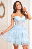 Mignon Une ligne Corset bleu foncé Robe courte à plusieurs niveaux avec dentelle